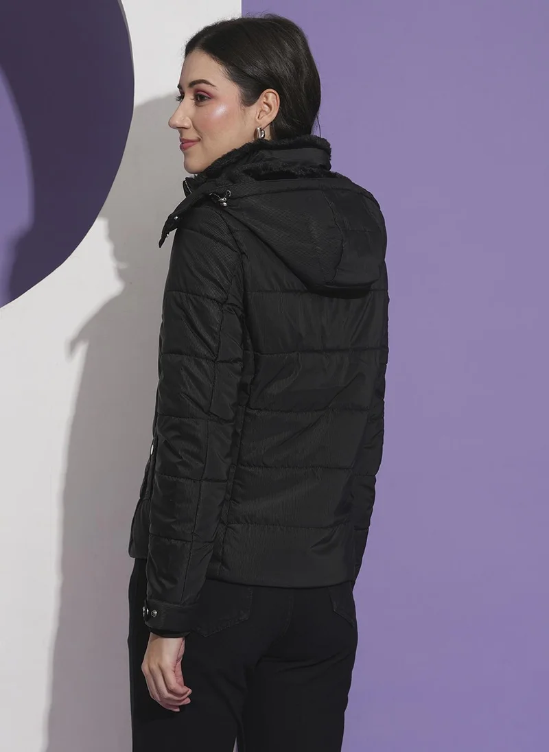 globus Globus Women Mock Neck Front Pockets Winter Wear Insulator Puffer Jacket With Detachable Hood